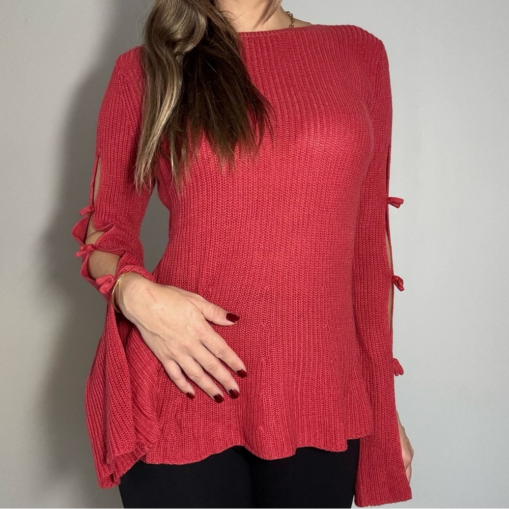 Red Women's Top with Bow Sleeve Details